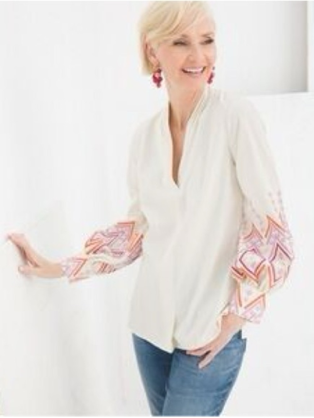Chico's Cream Tunic with Pink & Orange Embroidered Balloon Sleeves- Chicos size2